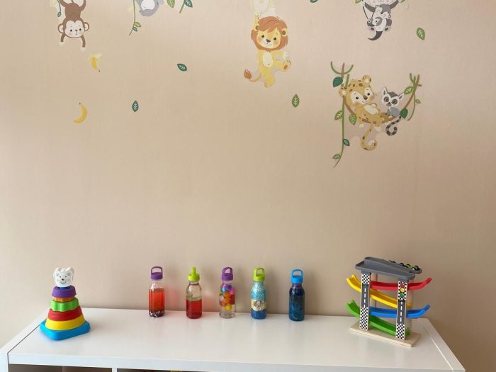 miranda-sala-infantil-estanteria Sala de psicología infantil con juegos y vinilos en MentalMente